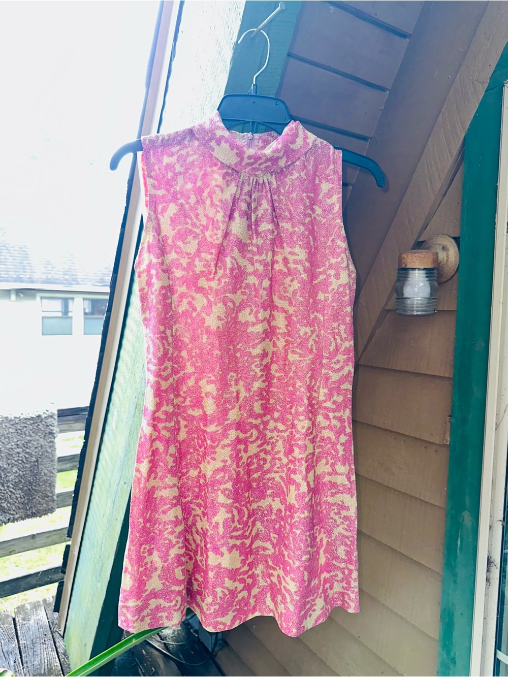 True Vintage Hand-Sewn Mock-Neck Pink Floral Mini Dress with Metallic Thread
